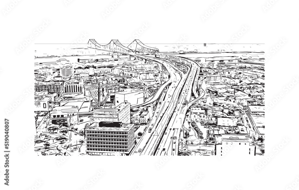 Building view with landmark of New Orleans is the 
city in Louisiana. Hand drawn sketch illustration in vector.
