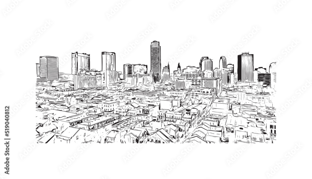Building view with landmark of New Orleans is the
city in Louisiana. Hand drawn sketch illustration in vector.
