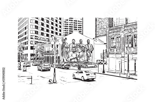 Obraz na płótnie Building view with landmark of New Orleans is the
city in Louisiana. Hand drawn sketch illustration in vector. w salonie