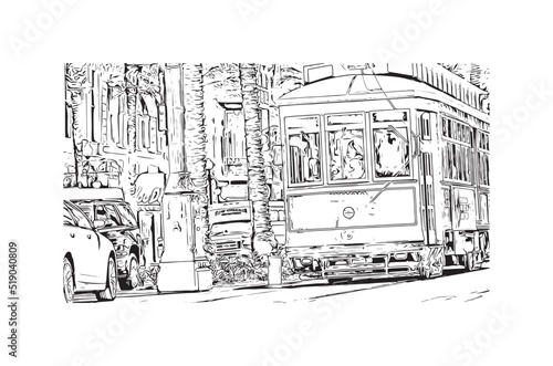 Building view with landmark of New Orleans is the 
city in Louisiana. Hand drawn sketch illustration in vector.