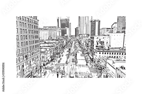 Building view with landmark of New Orleans is the 
city in Louisiana. Hand drawn sketch illustration in vector.