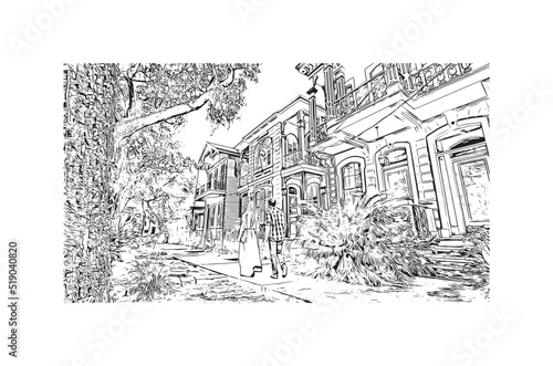 Building view with landmark of New Orleans is the 
city in Louisiana. Hand drawn sketch illustration in vector.