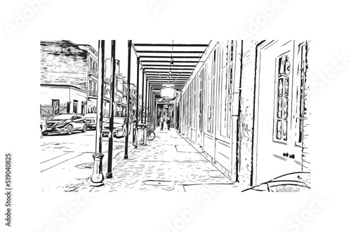 Building view with landmark of New Orleans is the 
city in Louisiana. Hand drawn sketch illustration in vector.