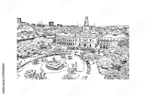Building view with landmark of New Orleans is the city in Louisiana. Hand drawn sketch illustration in vector.
