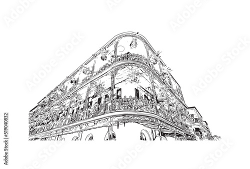 Building view with landmark of New Orleans is the 
city in Louisiana. Hand drawn sketch illustration in vector. photo