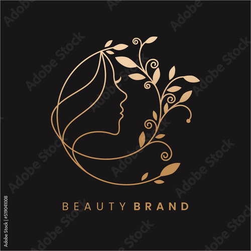 Line Art Natural Leaf Beauty woman face logo design