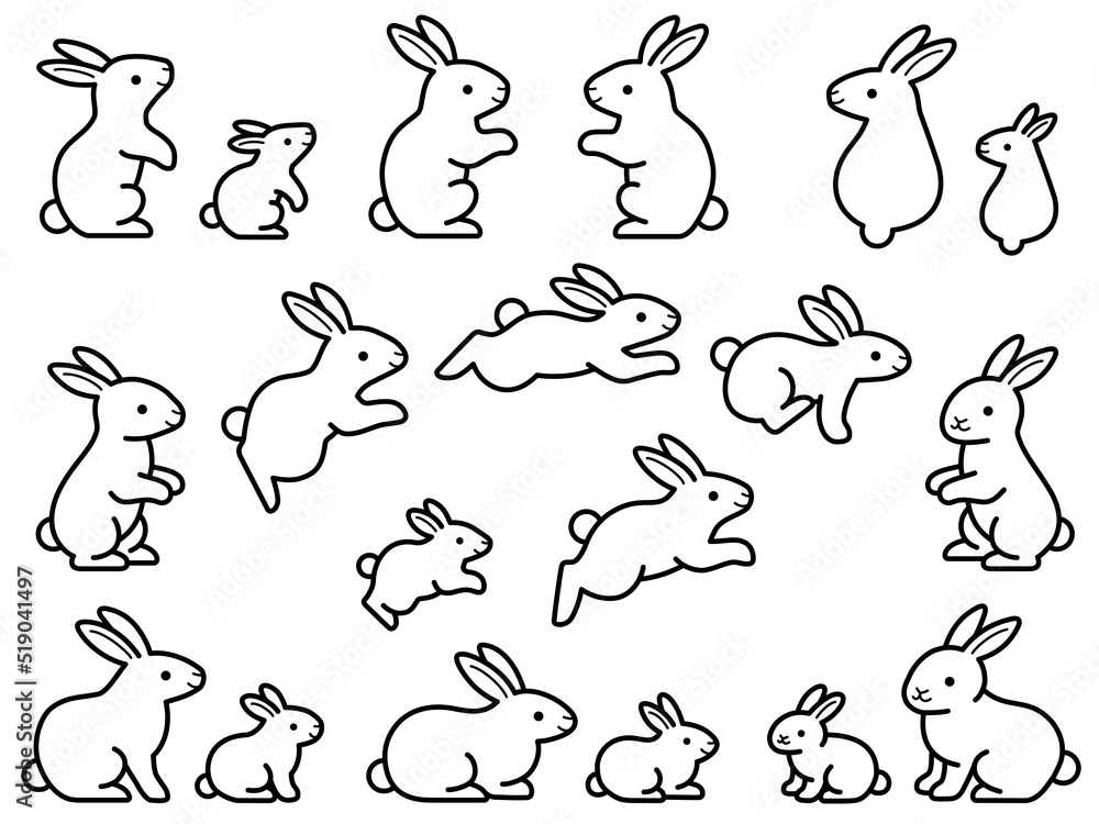 ウサギの親子の線画イラストセット ウサギの親子の線画イラストセット