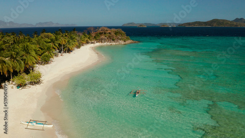 aerial view beach with tourists on tropical island, palm trees and clear blue water. Malcapuya, Philippines, Palawan. Tropical landscape with blue lagoon photo