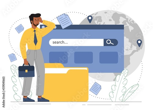 Concept of search and seo analysis. Male entrepreneur or manager looking for ways to optimize website or cloud storage of data or information. Find by popular queries. Cartoon flat vector illustration