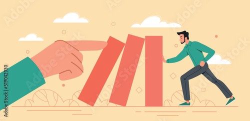Preventing financial Failure. Businessman trying to stop falling domino effect. Career growth, motivation and efficiency. Entrepreneur fights economic crisis. Cartoon flat vector illustration