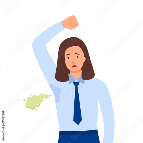 Terrible smell armpit concept vector illustration on white background. School girl has bad smell and sweaty underarm. Bad body odor problem.