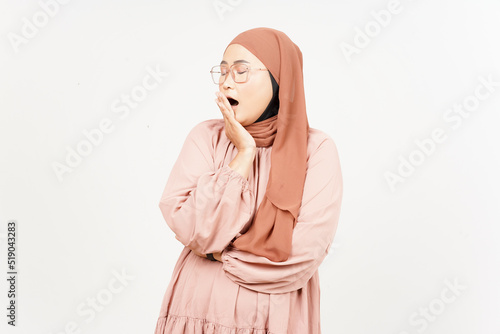 Yawning of Beautiful Asian Woman Wearing Hijab Isolated On White Background