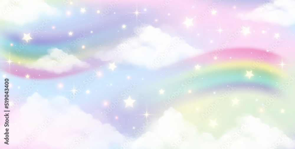 Holographic fantasy rainbow unicorn background with clouds. Pastel color sky. Magical landscape, abstract fabulous pattern. Cute candy wallpaper. Vector. Holographic fantasy rainbow unicorn background with clouds. Pastel color sky. Magical landscape, abstract fabulous pattern. Cute candy wallpaper. Vector.