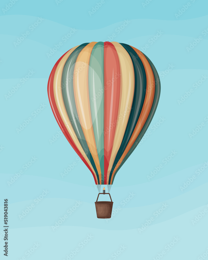 Fototapeta premium Air balloon. An image of a balloon for flying and traveling. Hot air balloon. Multicolored balloon. Vector illustration isolated on a blue background
