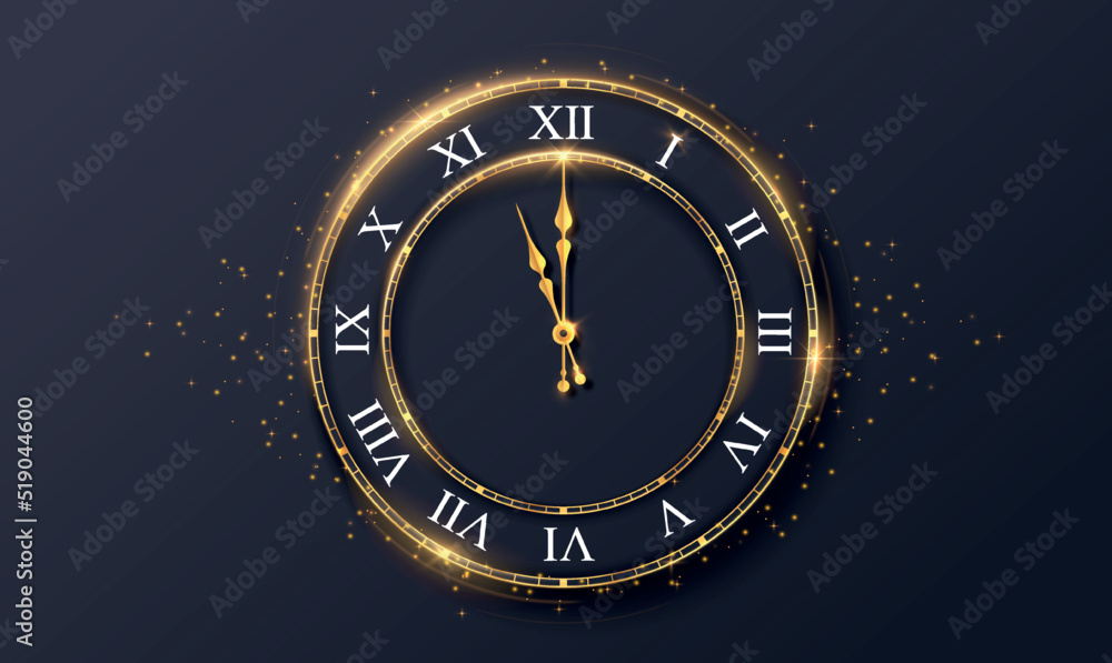 Antique clock light. Device with arrows indicating time. Expensive beautiful watches made of gold. Shiny yellow coating with sequins. Design element for banner. Realistic 3D vector illustration