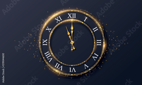 Antique clock light. Device with arrows indicating time. Expensive beautiful watches made of gold. Shiny yellow coating with sequins. Design element for banner. Realistic 3D vector illustration