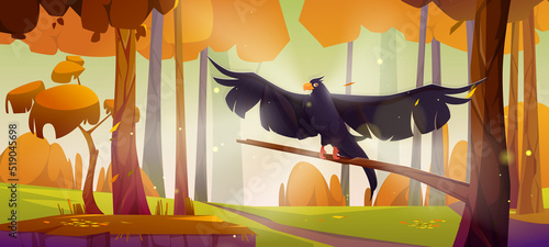 Black eagle, falcon or hawk sit on tree branch over autumn forest landscape with orange trees, bushes and grass. Wild bird on beautiful nature background, fairy tale scene, Cartoon vector illustration