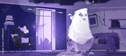 Ghost in night abandoned living room. Funny spook cartoon Halloween character, fantasy monster, spooky spirit personages say boo. Horror, phantom creature in old haunted house, Vector illustration