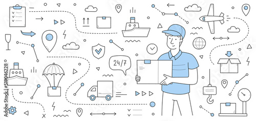 Delivery service doodle concept. Mailman with parcel in hands and shipping icons around. Express 24/7 transportation, logistics by airplane, ship, truck commercial company, Linear vector web banner