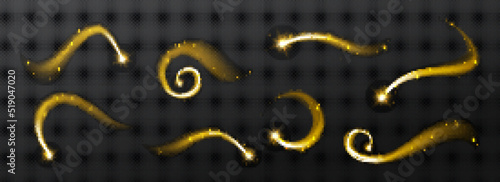 Magic spiral, twist effect with stars and sparkles. Gold swirl of wand isolated on black background. Magician spell, wizard, fairy golden light, shiny lightnings trace Realistic 3d Vector illustration photo