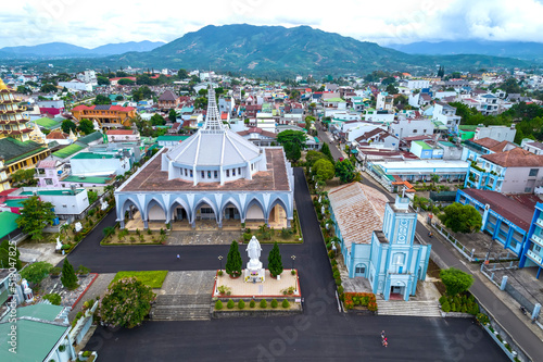 Aerial view Architectural outside Bao Loc Cathedral, Vietnam. A place for parishioners to come to confession and pray for peace for their families