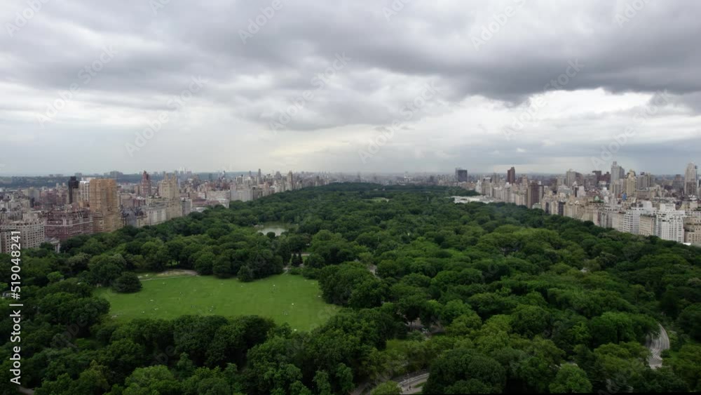 Central Park, cloudy, summer day in New York city, United States - Aerial Flyover Central Park, cloudy, summer day in New York city, United States - Aerial Flyover