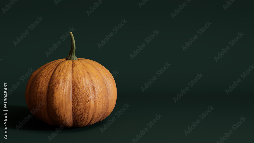 Seasonal background Wallpaper with copy-space. Pumpkin on Dark Green