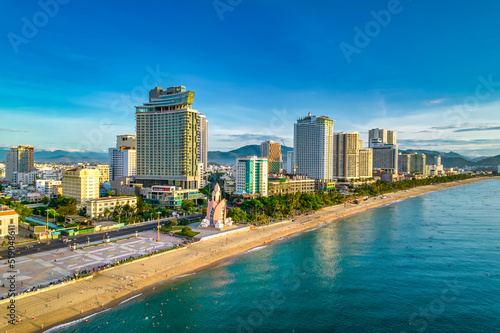 The coastal city of Nha Trang seen from above in the morning, beautiful coastline. This is a city that attracts to relax in central Vietnam © huythoai