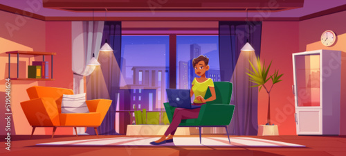 Remote freelance  work from home concept. Woman freelancer sitting in comfortable armchair in apartment working distant on laptop. Outsourced employee female character Cartoon vector illustration