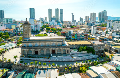 Aerial view Stone cathedral in Nha Trang city, Vietnam. The oldest church built by the French in the 19th century