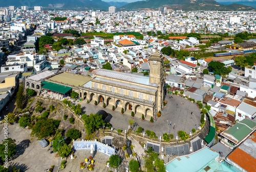 Aerial view Stone cathedral in Nha Trang city, Vietnam. The oldest church built by the French in the 19th century