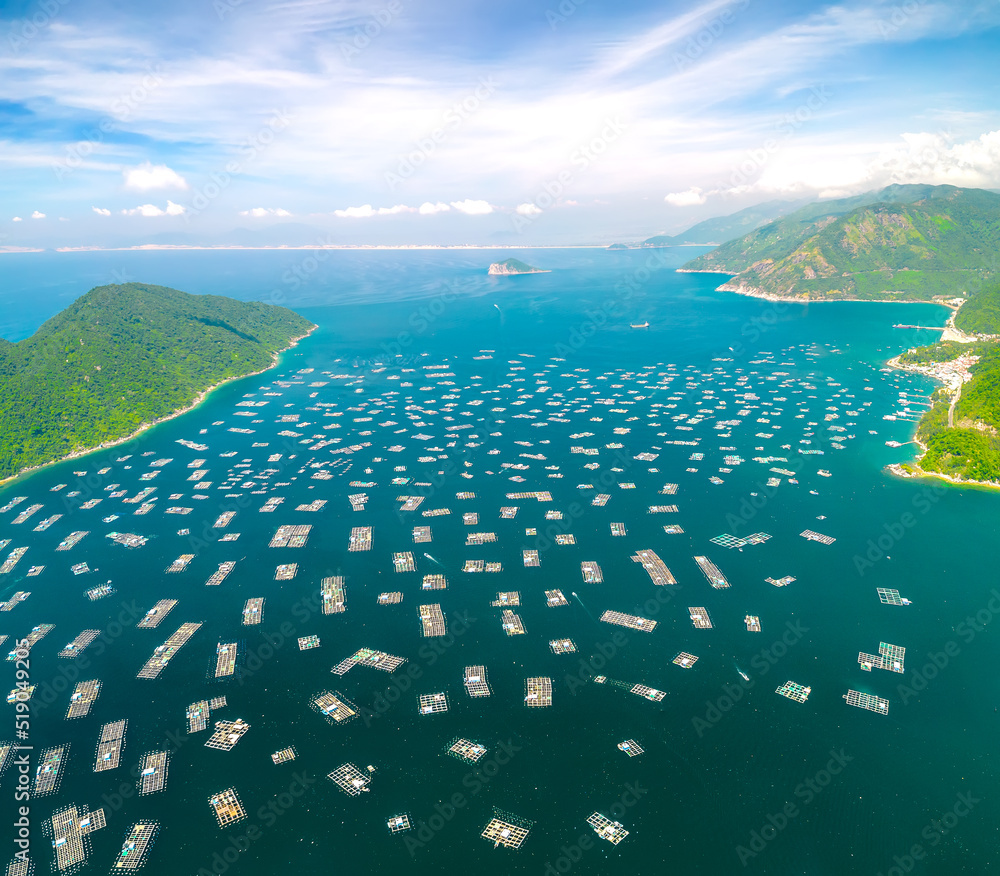 Vung Ro Bay seen from above includes fishing rafts, fishing boats, and fishermen's shelter from storms in central Vietnam.