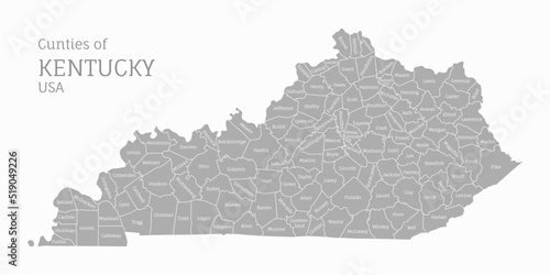 Highly detailed administrative map of Kentucky, US state. Editable gray map of Kentucky with territory borders and all counties names labeled realistic vector illustration