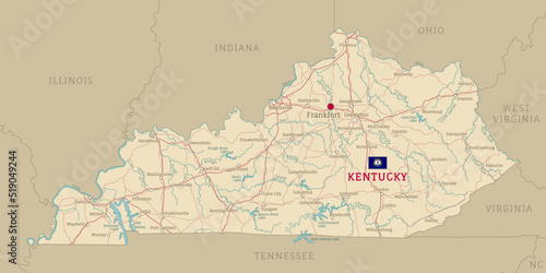 Road map of Kentucky, US American federal state. Editable highly detailed transportation map of Kentucky with highways and interstate roads, rivers and cities realistic vector illustration