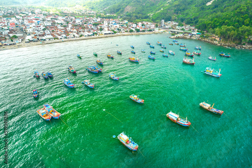 Dai Lanh fishing village seen from above with hundreds of boats anchored to avoid storms, this is a beautiful bay in Nha Trang, Vietnam