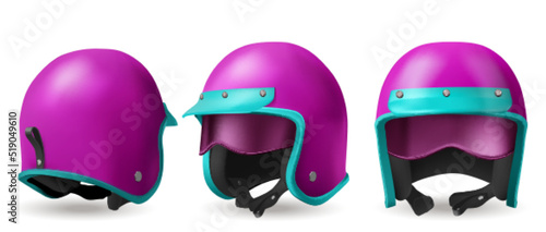 Motorcycle helmet for moto race and ride on scooter. Vector realistic illustration of 3d retro pink helmet with blue visor and glasses in front, back and angle view isolated on white background
