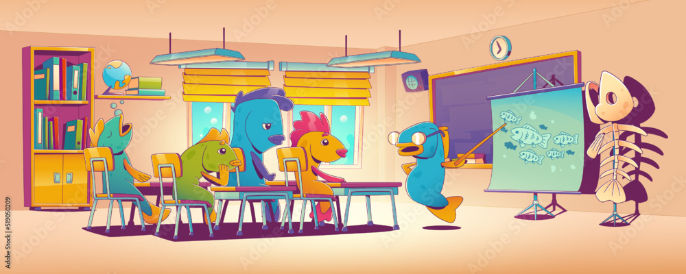 School of fish, funny students and teacher underwater animals during educational class . Old tutor with pointer stand at blackboard explain lesson to children in classroom Cartoon vector illustration