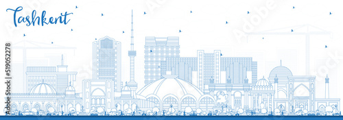 Outline Tashkent Uzbekistan City Skyline with Blue Buildings.