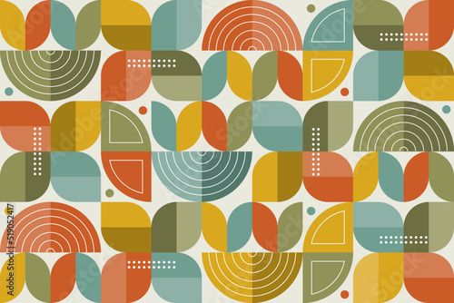 Abstract geometric background, colorful flat design of mosaic pattern with the simple shape of semi-circles, dots, and lines. Mural design. Neo geometric. Vector Illustration.