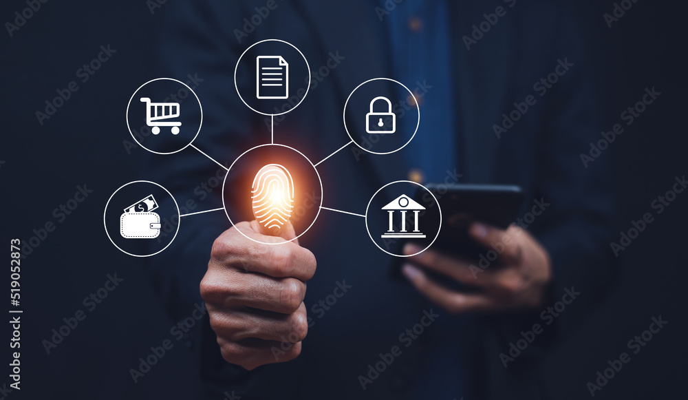 Businessman Scan finger print login cloud computing for document privacy data security Businessman Scan finger print login cloud computing for document privacy data security