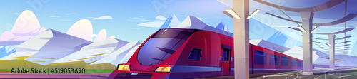 Modern railway station with train, platform and glass roof. Vector cartoon illustration of summer landscape with empty station, speed train on rails and mountains on background © klyaksun