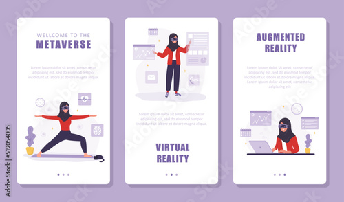 Metaverse concept. Set of mobile banners. Arab women wearing VR headset. Augment reality and Cyberspace. Modern technology entertainment. Vector illustration in flat cartoon style.