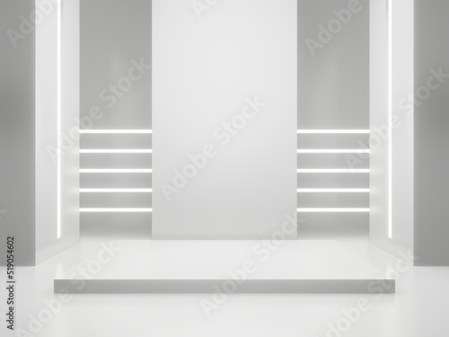 3D White Sci-Fi product display background. Scientific podium with white neon lights.