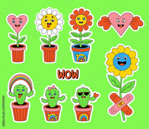 Stickers funny cartoon characters with funny faces. Collection comic elements in trendy retro style. Vector illustration of funky flower power with patch, heart flowerpot, cactus and winged heart.