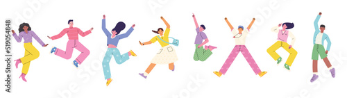 Jumping of people of different races and styles. flat design style vector illustration.