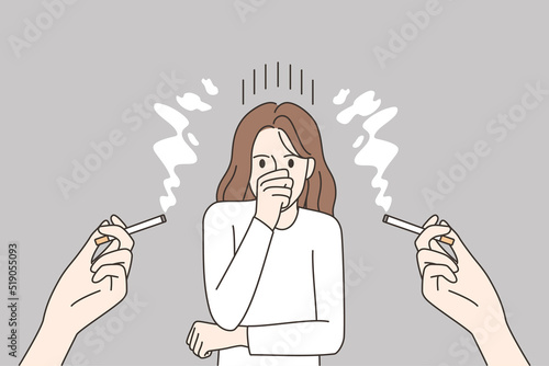 Unhappy woman suffer from passive smoking 