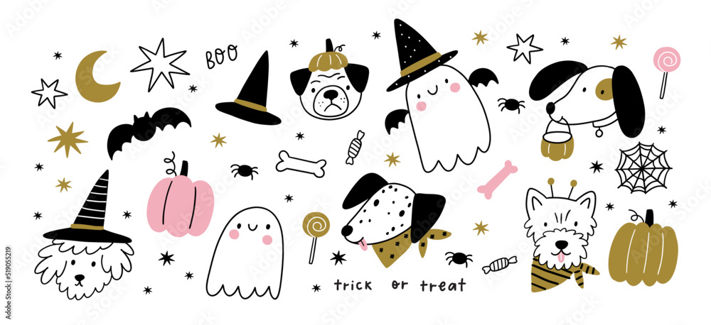 Halloween vector cute cartoon dogs illustrations. Dogs in Halloween  costumes, stars, hats, sweets, ghost, pumpkin. Pet Pup Dog Costume vector  de Stock | Adobe Stock