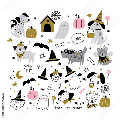 Halloween vector cute cartoon dogs illustrations. Dogs in Halloween costumes, stars, hats, sweets, ghost, pumpkin. Pet Pup Dog Costume