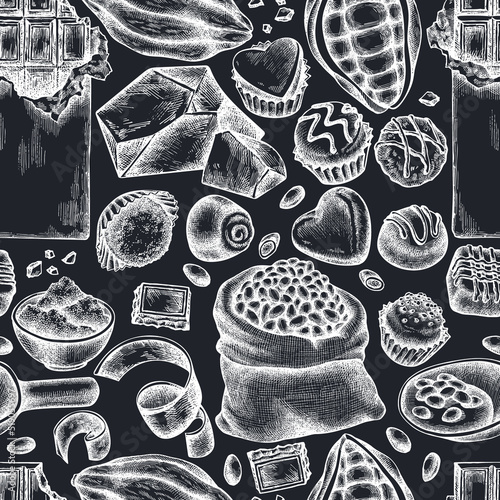 Seamless pattern with hand drawn chalk cocoa beans, cocoa, chocolate, chocolate candies