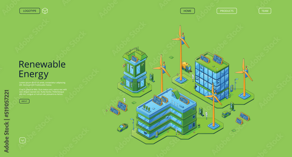 Renewable energy isometric landing page. Clean power, sources of green ecologically alternative energetics, weather station with windmills and solar panels, eco city 3d vector line art web banner